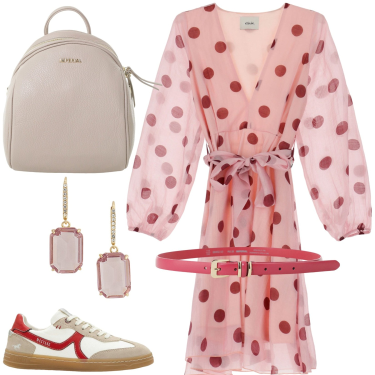 Outfit donna - Pois dinamici e doppia cintura. Stile Casual chic per Tutti i giorni. Abbinamento con sneakers, zaini, cinture, vestiti corti, orecchini.