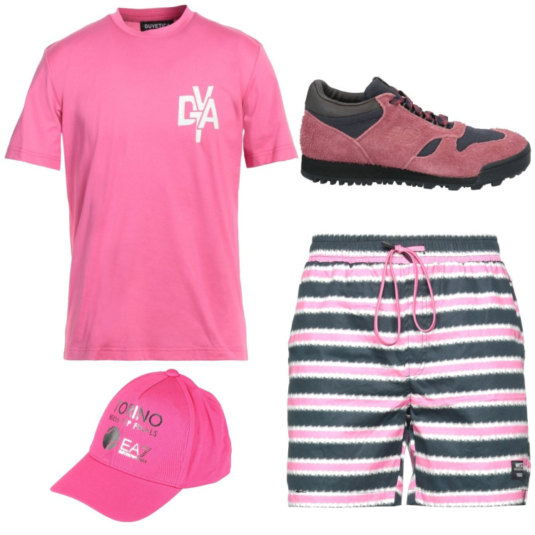 Outfit hombre - Casual #9844. Estilo Casual para Todos los días. Combinación con bermudas, sombreros, camiseta, sneakers.