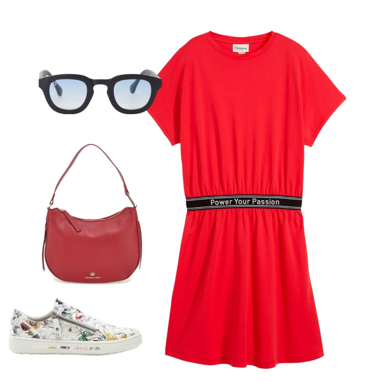 Outfit donna - Sporty red. Stile Sporty chic per Tutti i giorni. Abbinamento con vestiti, sneakers, occhiali da sole, borse a tracolla.