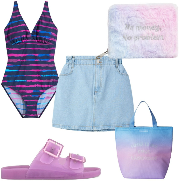 Outfit donna - Summer outfit : finalmente estate. Stile Trendy per Mare. Abbinamento con costumi interi, minigonne, portafogli, borse tote, sandali.