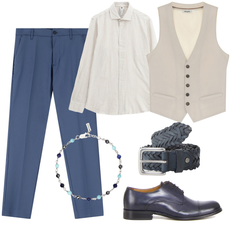 Outfit uomo - Cerimonia easy. Stile Business/Elegante per Cerimonia. Abbinamento con braccialetti, camicie, pantaloni, cinture, gilet, scarpe stringate.