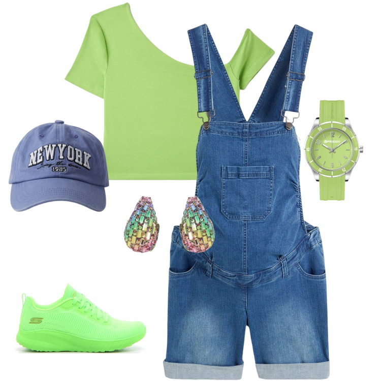 Outfit donna - Verde Lime, Oh Yeah!. Stile Trendy per Tutti i giorni. Abbinamento con salopette, cappelli, t-shirt, orologi, orecchini, sneakers.