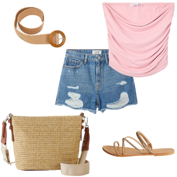 Outfit donna - Estate. Stile Basic per Tutti i giorni. Abbinamento con borse a tracolla, shorts, top, sandali, cinture.