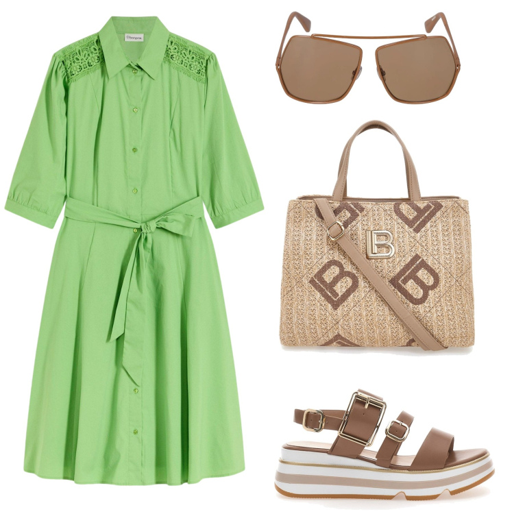 Outfit donna - Abito verde con accessori. Stile Casual per Tutti i giorni. Abbinamento con vestiti chemisier, sandali, occhiali da sole, borse a tracolla.