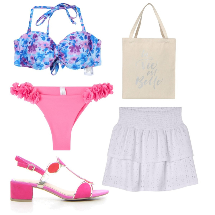 Outfit donna - Summer outfit : il bikini Terranova. Stile Trendy per Mare. Abbinamento con bikini, minigonne, borse tote, bikini, sandali col tacco.