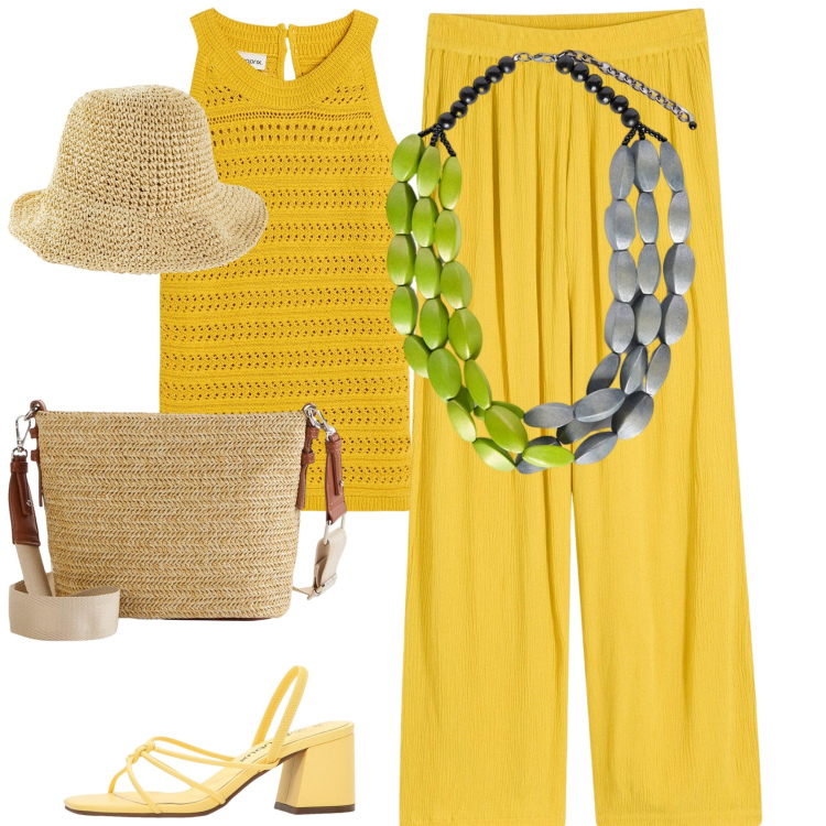 Outfit donna - Total look #2175987. Abbinamento con pantaloni, cappelli, sandali col tacco, borse a tracolla, top, collane.
