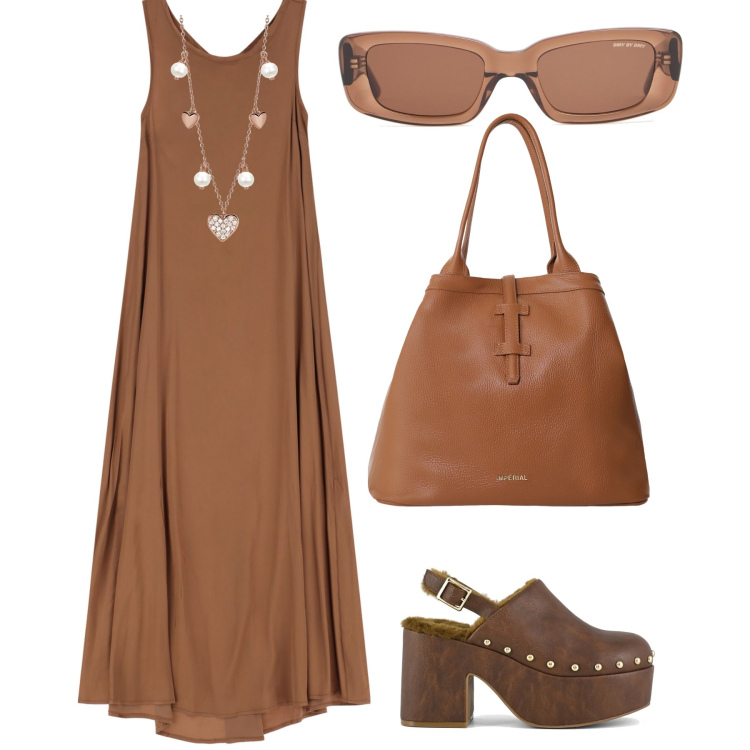 Outfit donna - Summer elegante. Stile Glamour per Tutti i giorni. Abbinamento con collane, vestiti lunghi, borse tote, sabot, occhiali da sole.