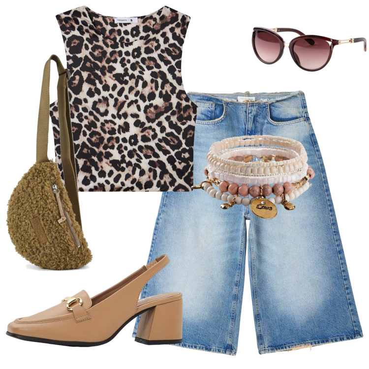 Outfit donna - Total look #2175996. Abbinamento con braccialetti, occhiali da sole, décolleté, jeans, top, marsupi.
