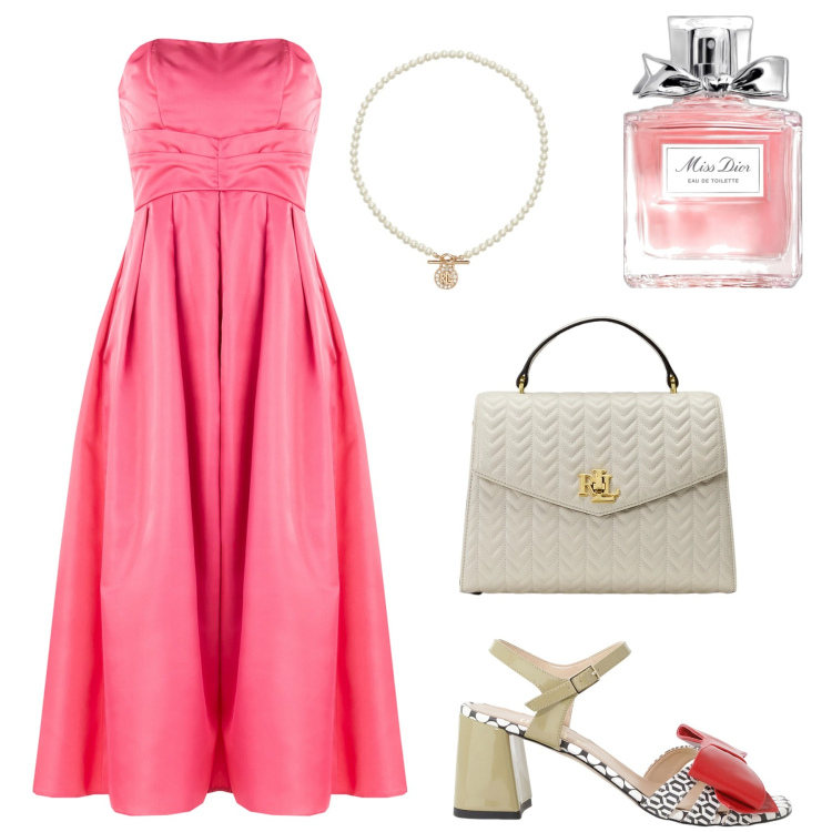 Outfit donna - Abito corpetto camelia. Stile Casual chic per Serata fuori. Abbinamento con profumi, vestiti midi/longuette, sandali col tacco, ciondoli, borse a mano.