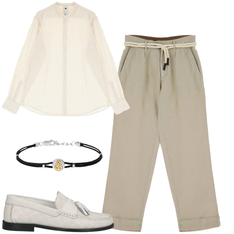 Outfit uomo - Toni neutri da mattina a sera. Stile Trendy per Tutti i giorni. Abbinamento con scarpe stringate, braccialetti, pantaloni chino, camicie.