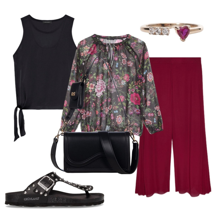 Outfit donna - La blusa a fiorellini. Stile Casual chic per Serata fuori. Abbinamento con anelli, pochette, bluse, pantaloni a palazzo, top, infradito.