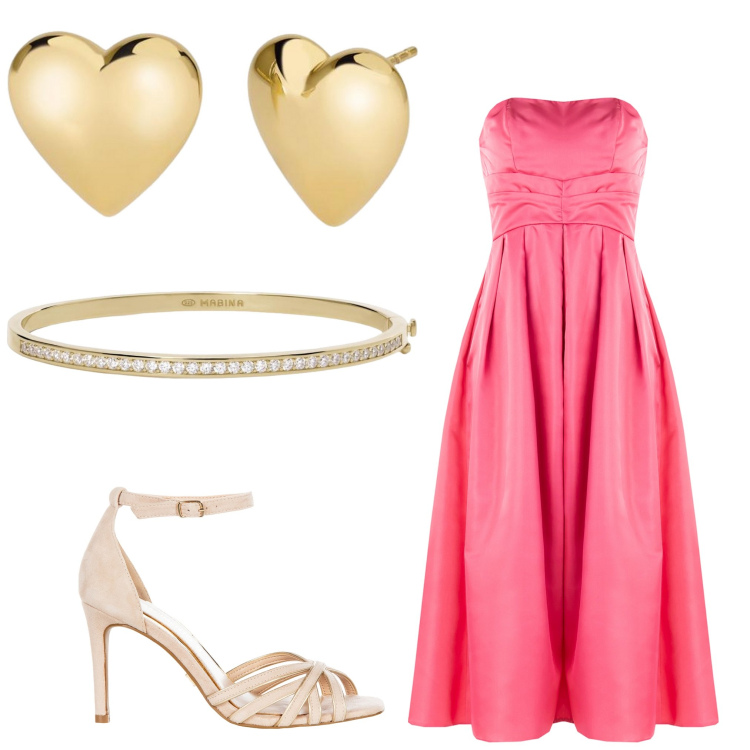 Outfit donna - Bellissima. Stile Chic per Cerimonia. Abbinamento con sandali col tacco, vestiti midi/longuette, braccialetti, orecchini.