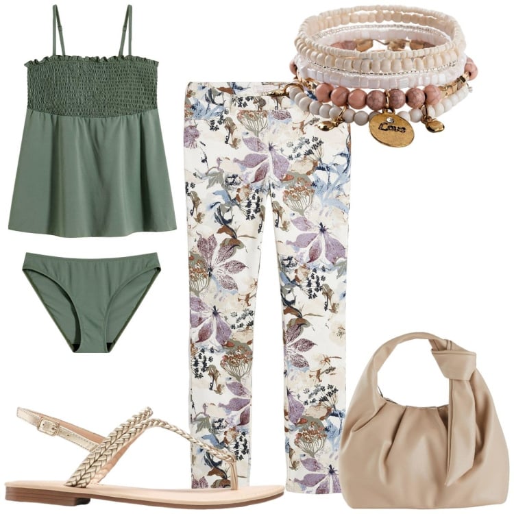 Outfit donna - Summer romance : estate etnica. Stile Etnico per Mare. Abbinamento con pantaloni, costumi interi, borse a mano, ciabatte, braccialetti.