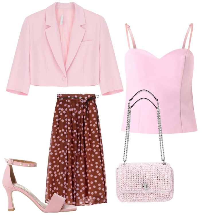 Outfit donna - Pensieri in rosa. Stile Casual chic per Serata fuori. Abbinamento con canottiere, sandali col tacco, blazer, gonne lunghe, borse a spalla.