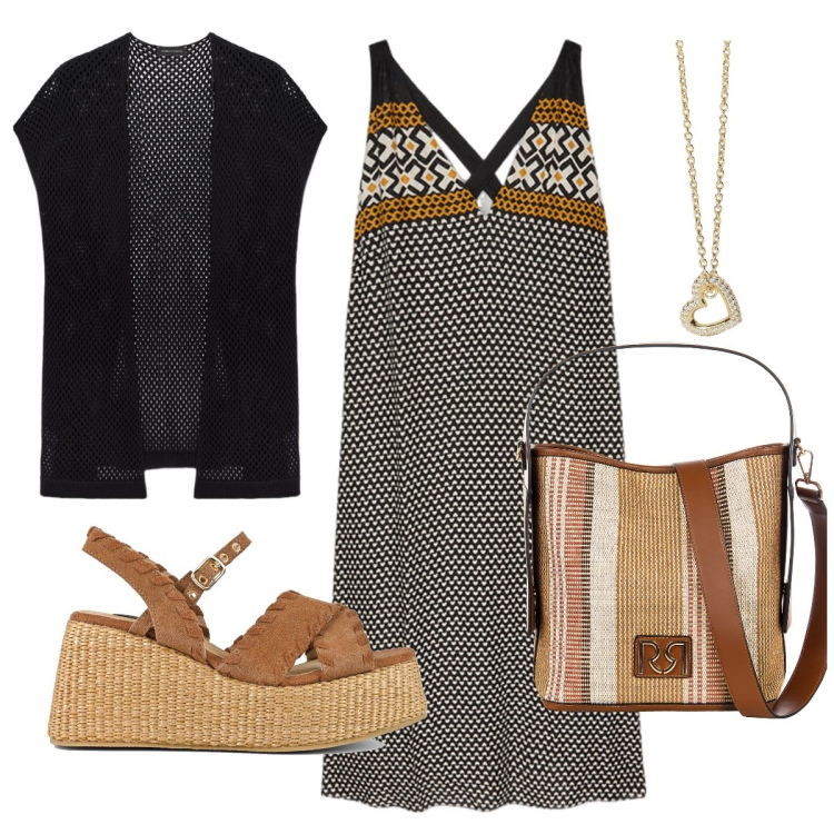 Outfit donna - Pronta in un attimo. Stile Etnico per Tutti i giorni. Abbinamento con collane, borse a secchiello, vestiti lunghi, zeppe, cardigans.