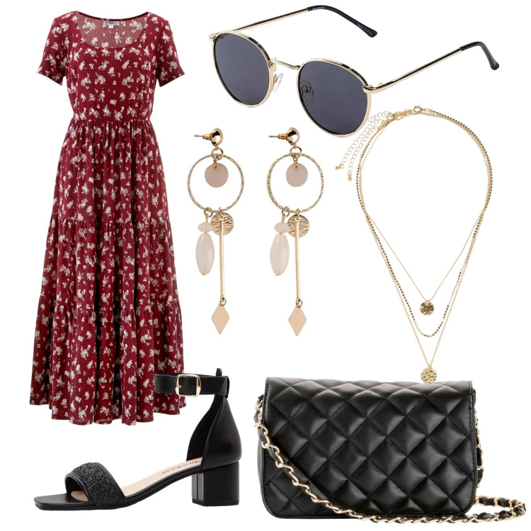 Outfit donna - Total look estivo comodo. Stile Boho per Tutti i giorni. Abbinamento con vestiti lunghi, borse a tracolla, orecchini, occhiali da sole, sandali col tacco, collane.