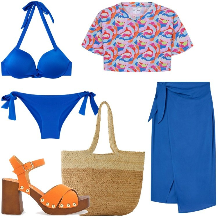 Outfit donna - Mare a colori. Stile Casual per Mare. Abbinamento con shopping bag, t-shirt, gonne lunghe, bikini, bikini, zoccoli.