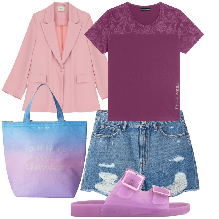 Outfit donna - Il blazer che non ti aspetti. Stile Urban per Tutti i giorni. Abbinamento con shorts, borse tote, t-shirt, blazer, sandali.