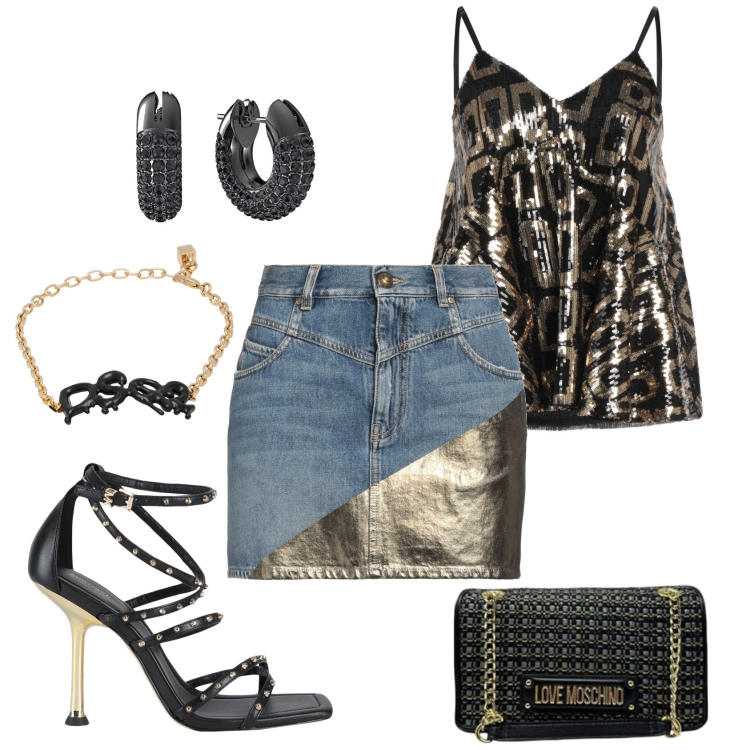 Outfit femme - Golden. Style Tendance pour Soirée dehors. Assortir avec hauts, jupes, sacs en bandoulière, boucles d'oreilles, sandales en cuir, bracelets.