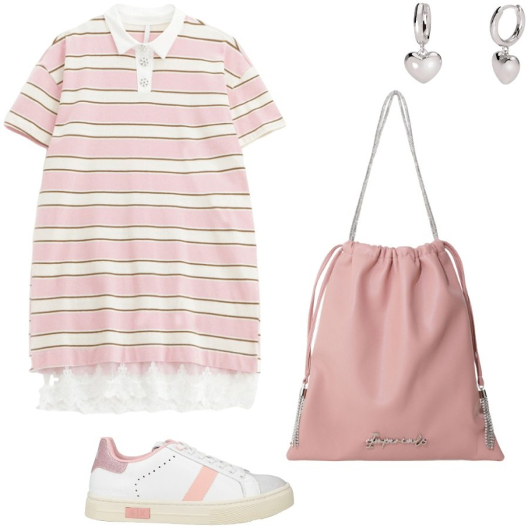 Outfit donna - Il vestito t-shirt. Stile Casual per Tutti i giorni. Abbinamento con sneakers, orecchini, vestiti corti, borse a secchiello.