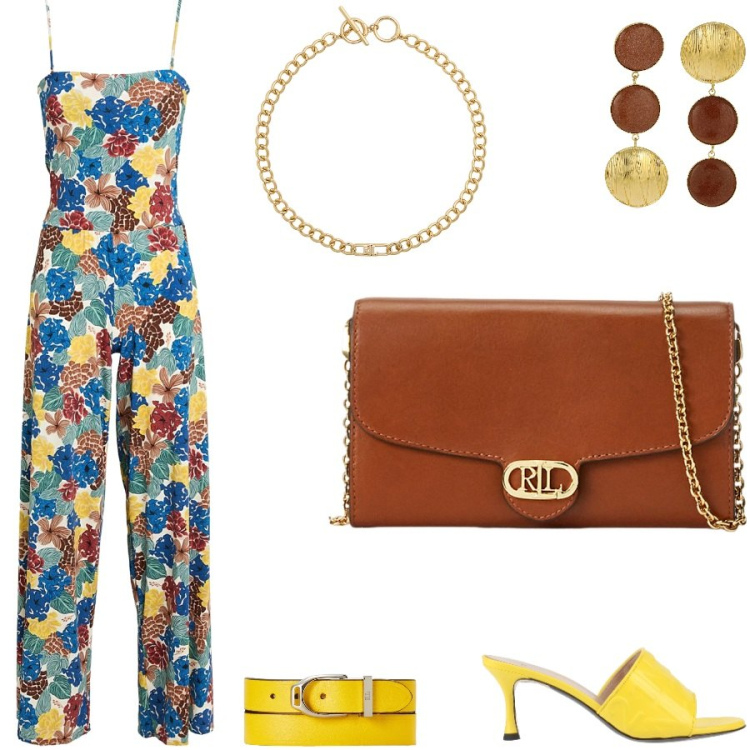 Outfit donna - The summer vibes. Stile Glamour per Serata fuori. Abbinamento con tute, sandali in pelle, borse a tracolla, braccialetti, collane, orecchini.