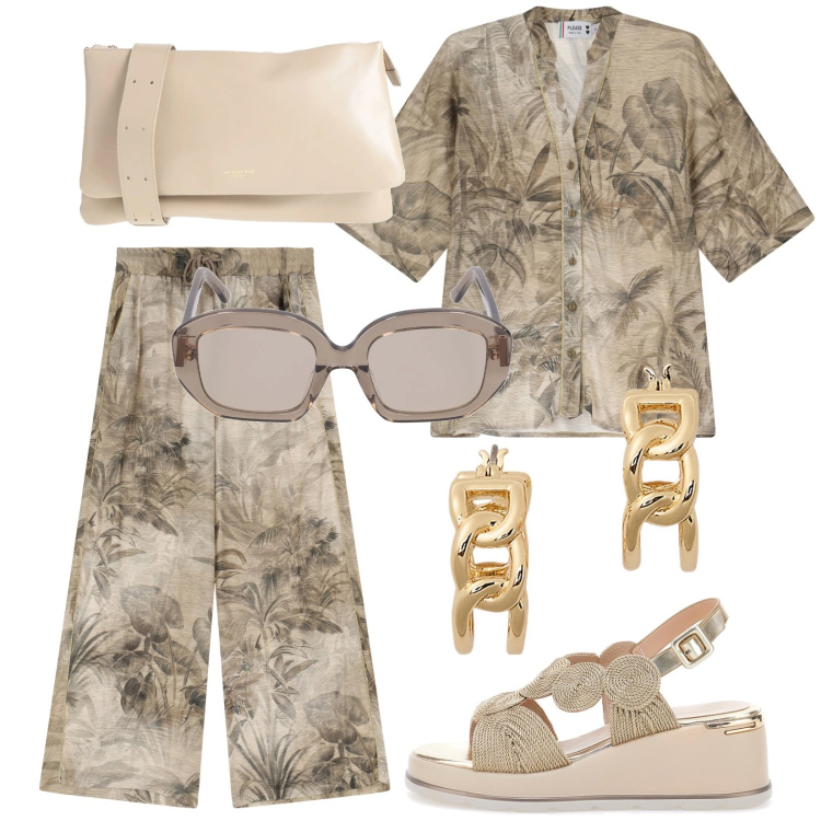 Outfit donna - Total look #2176106. Stile Trendy per Tutti i giorni. Abbinamento con borse a tracolla, pantaloni, camicie a manica corta, orecchini, sandali col tacco, occhiali da sole.