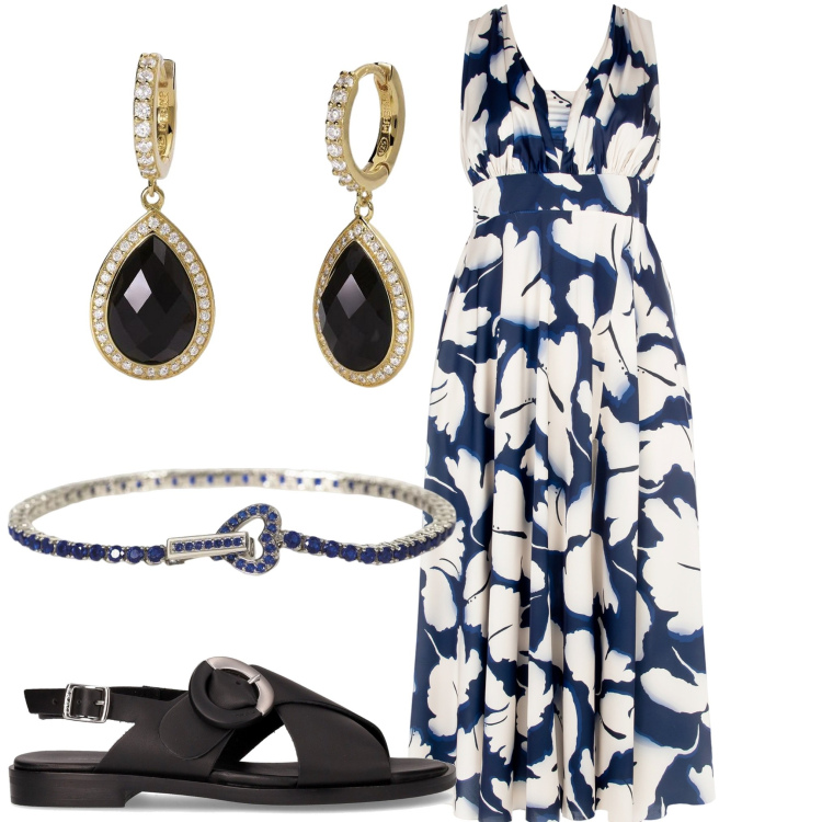 Outfit donna - Fiori. Stile Boho per Serata fuori. Abbinamento con braccialetti, orecchini, vestiti lunghi, sandali.