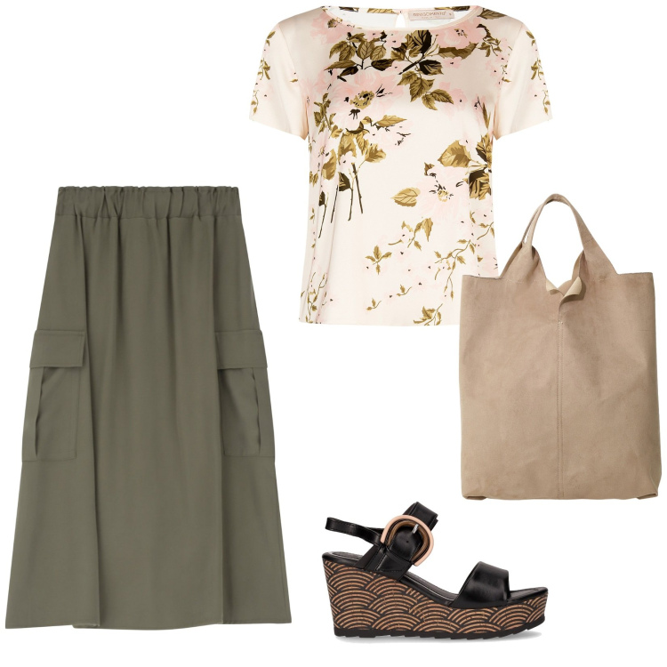 Outfit donna - Gonne lunghe che passione. per Ufficio. Abbinamento con bluse, gonne lunghe, shopping bag, sandali col tacco.