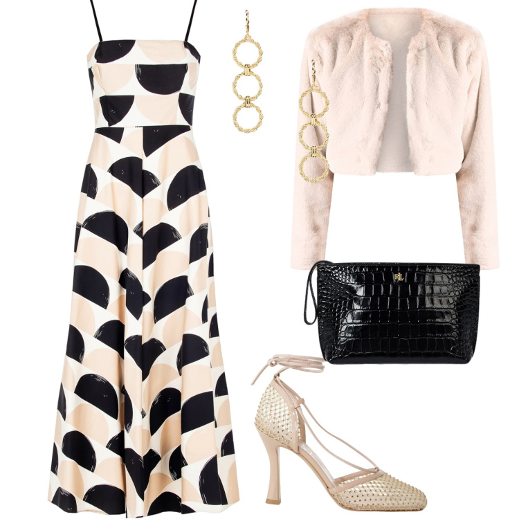 Outfit donna - Giugno a pois. per Cerimonia. Abbinamento con bolero, vestiti midi/longuette, décolleté, pochette, orecchini.