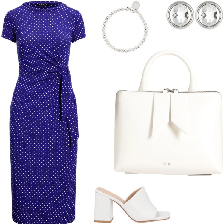 Outfit donna - Bon ton in ufficio. Stile Bon Ton per Ufficio. Abbinamento con borse a mano, sandali in pelle, braccialetti, vestiti a tubino, orecchini.