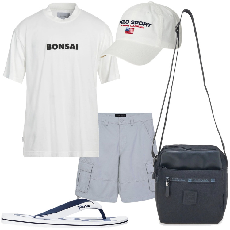 Outfit uomo - Piscina. Stile Casual per Tutti i giorni. Abbinamento con t-shirt, bermuda, sandali, berretti, portafogli.