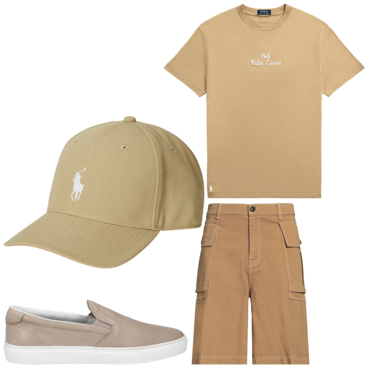 Outfit uomo - Estate sabbia. Stile Casual per Tutti i giorni. Abbinamento con sneakers, shorts, t-shirt, cappelli.
