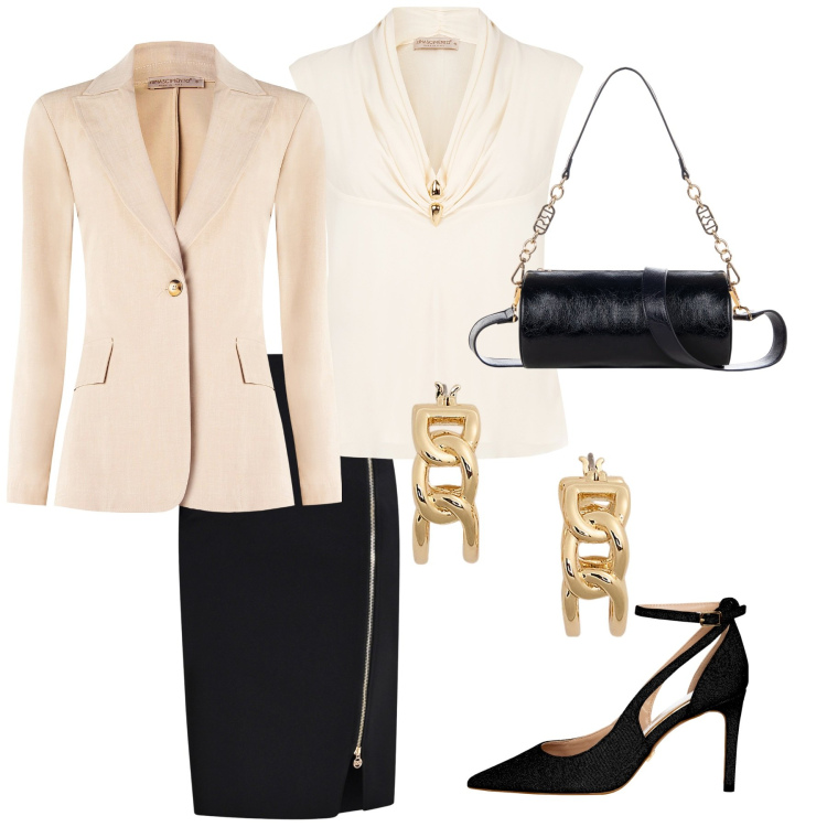 Outfit donna - Eleganza fine. Stile Glamour per Serata fuori. Abbinamento con bluse, blazer, borse a mano, gonne, décolleté, orecchini.
