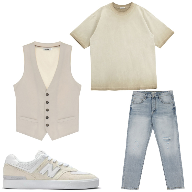 Outfit uomo - Simpatico. Stile Casual per Serata speciale. Abbinamento con sneakers, jeans strappati, t-shirt, gilet.