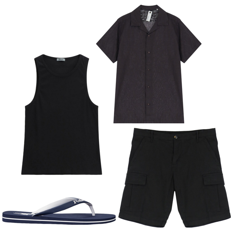 Outfit uomo - Black summer. Stile Casual per Tutti i giorni. Abbinamento con camicie a manica corta, canottiere, bermuda, sandali.