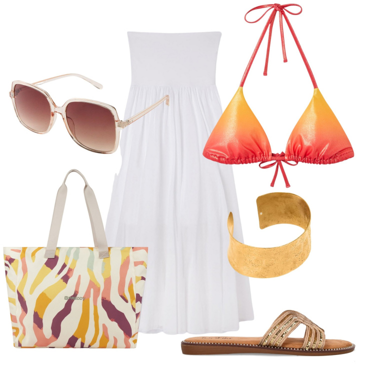 Outfit donna - In spiaggia con i colori del tramonto. Stile Glamour per Mare. Abbinamento con occhiali da sole, bikini, gonne lunghe, shopping bag, ciabatte, braccialetti.