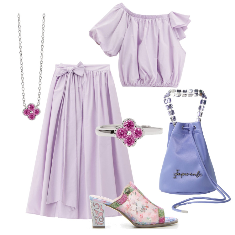 Outfit donna - Sere d’estate lilla. Stile Glamour per Serata fuori. Abbinamento con anelli, collane, borse a secchiello, top, gonne lunghe, sabot.