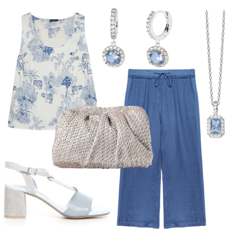 Outfit donna - Acquamarina. Stile Bon Ton per Tutti i giorni. Abbinamento con orecchini, ciondoli, clutch, top, pantaloni, sandali col tacco.