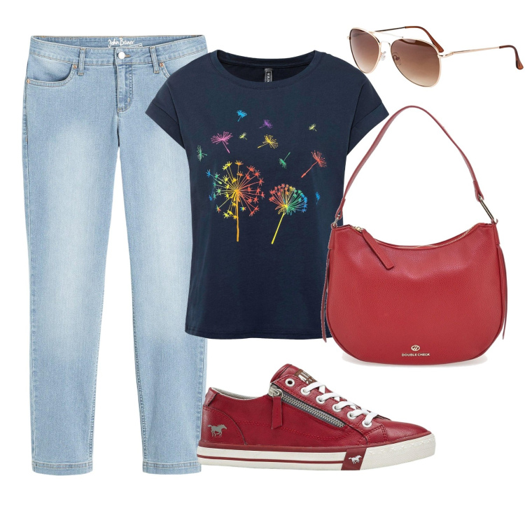 Outfit donna - La maglia stampa multicolore. Stile Casual per Tutti i giorni. Abbinamento con occhiali da sole, t-shirt, jeans dritti, sneakers, borse a tracolla.