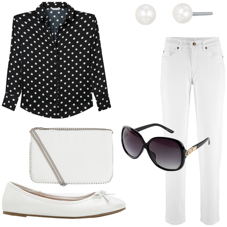 Outfit donna - Total look #2176195. Stile Casual chic per Tutti i giorni. Abbinamento con ballerine, occhiali da sole, jeans mom, camicie, borse a tracolla, orecchini.
