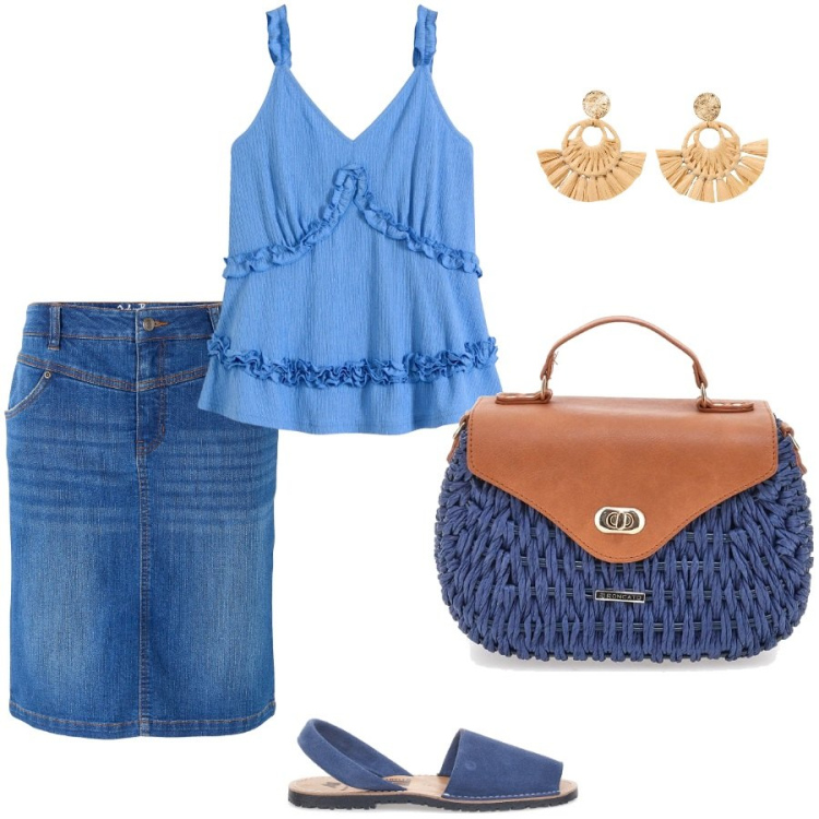 Outfit donna - Summer day. Stile Casual chic per Tutti i giorni. Abbinamento con gonne, orecchini, top, sandali, borse a tracolla.