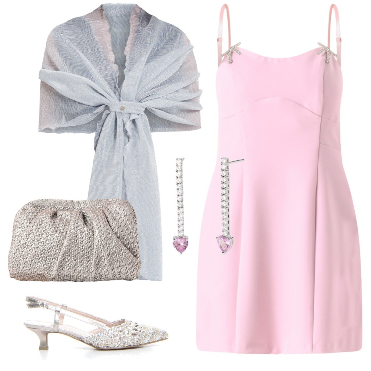 Outfit donna - Cerimonia rosa. Stile Chic per Tutti i giorni. Abbinamento con orecchini, stole, vestiti a tubino, clutch, sandali col tacco.