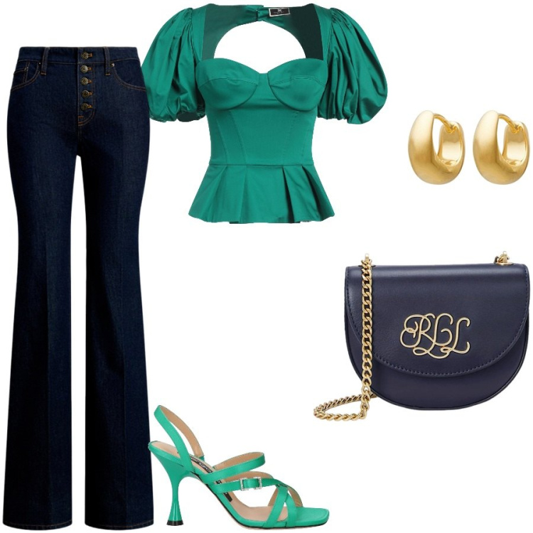 Outfit donna - Il top verde. Stile Glamour per Serata fuori. Abbinamento con top, sandali in pelle, orecchini, borse a tracolla, jeans.