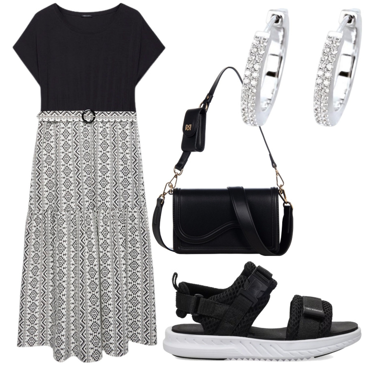 Outfit donna - Maxi dress maxi libertà. Stile Basic per Tutti i giorni. Abbinamento con orecchini, sandali, pochette, vestiti lunghi.