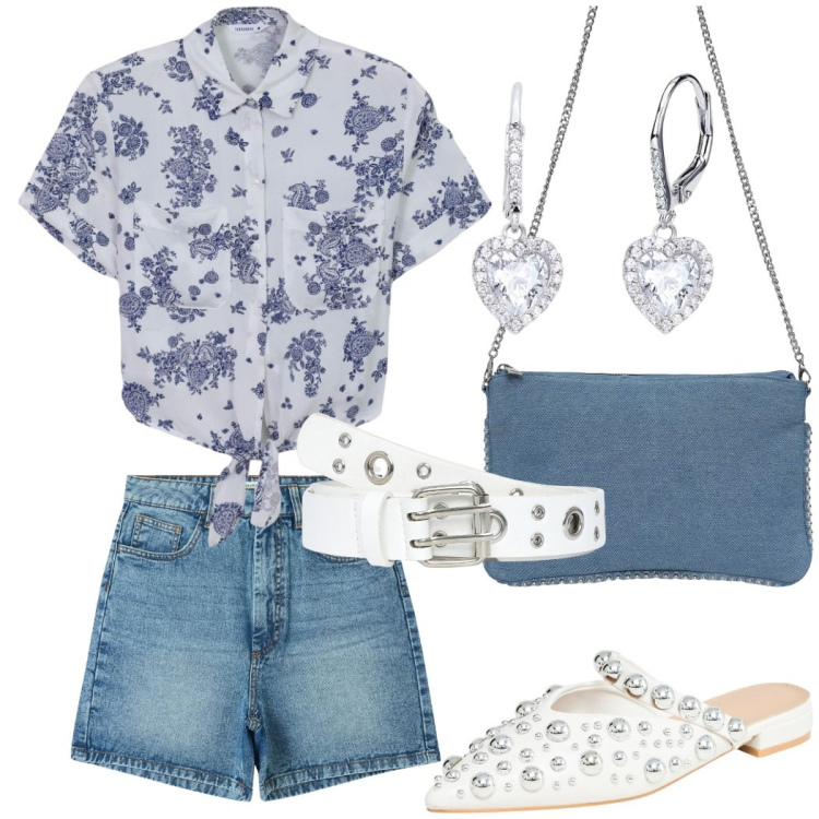 Outfit donna - In vacanza. Stile Casual chic per Serata fuori. Abbinamento con bermuda, borse a tracolla, ballerine, cinture, camicie, orecchini.