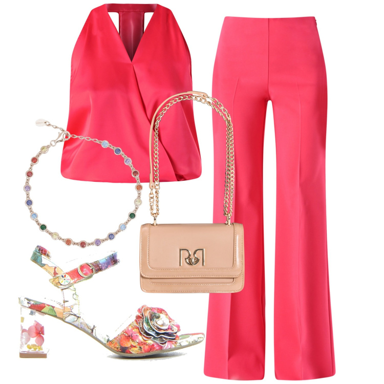 Outfit donna - Coordinati leggeri e chic. Stile Bon Ton per Cerimonia. Abbinamento con pantaloni a palazzo, top, borse a tracolla, braccialetti, sandali col tacco.