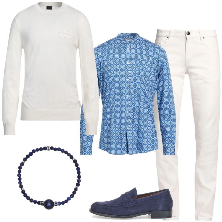 Outfit uomo - Aperitivo estivo sul lungolago. Stile Casual per Serata speciale. Abbinamento con pantaloni, camicie, pullovers, braccialetti, scarpe stringate.
