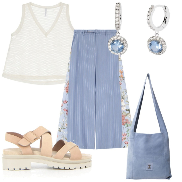 Outfit donna - Imperial : estate alla moda. Stile Trendy per Tutti i giorni. Abbinamento con orecchini, t-shirt, pantaloni, borse a tracolla, sandali.