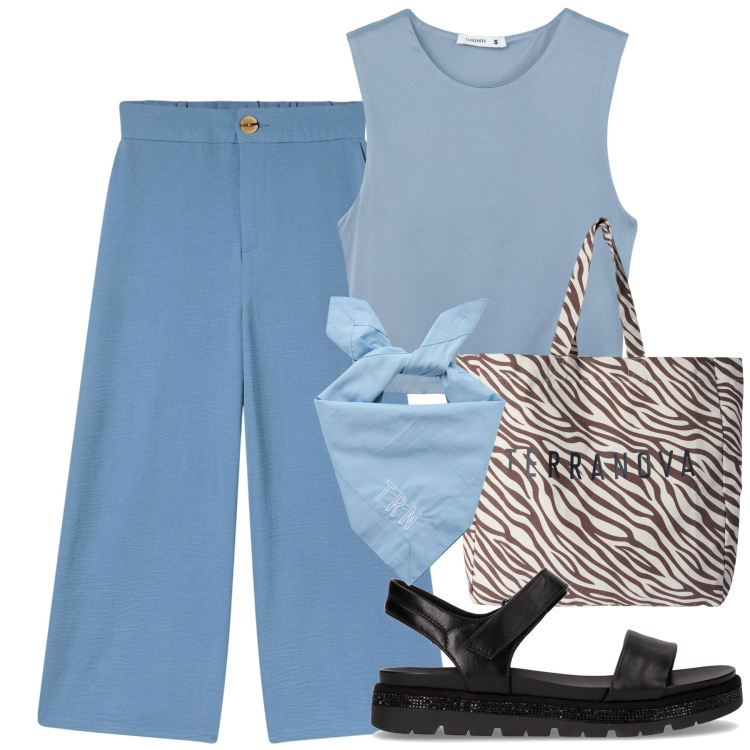 Outfit donna - Coordinati leggeri e chic. Stile Casual per Tutti i giorni. Abbinamento con pantaloni a palazzo, borse tote, foulard, top, sandali.