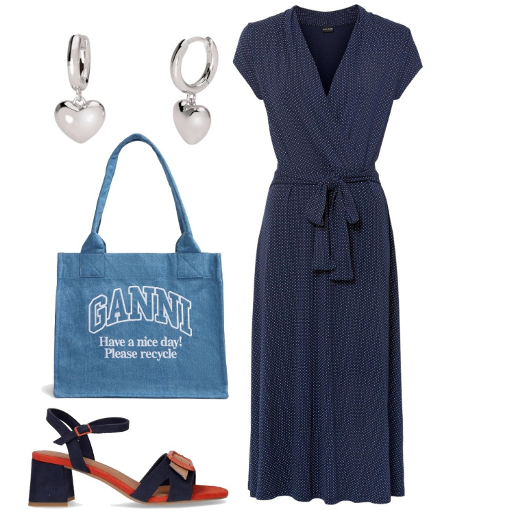 Outfit donna - Blu blu. Stile Bon Ton per Ufficio. Abbinamento con vestiti midi/longuette, orecchini, sandali col tacco, shopping bag.